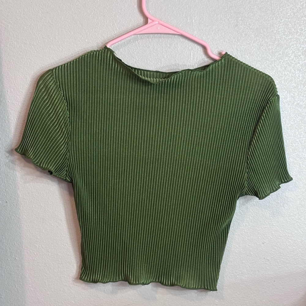 Olive Ribbed Short Sleeve Crop Top - Women